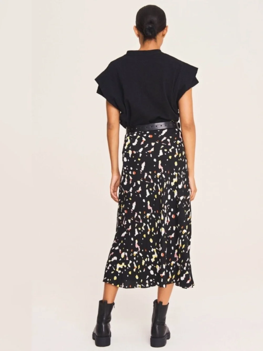 ba&sh Tomy Noir Abstract Print Satin Jacquard Bias Midi Skirt Size 1 Small